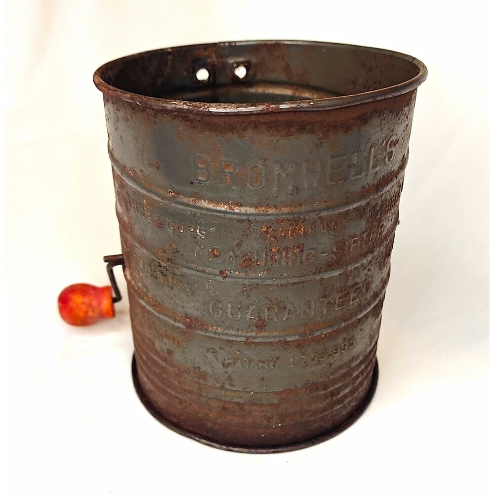 Bromwell Vintage Metal Flour Sifter Manual Hand Crank Wood Handle Knob